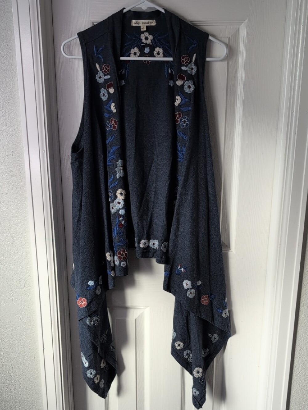 Indigo Thread Co 100% Cotton Heather Blue Embroidered  Sleeveless Cascade Tunic